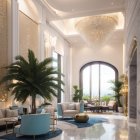 Luxurious lobby with marble floors, crystal chandelier, tall windows, plush seating, and lush plant