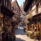 Traditional half-timbered houses on cobblestone street with colorful flowers