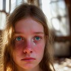 Young woman with blue eyes and blonde hair in sunlit room.