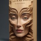 Intricate wooden sculpture of human face with layered wavy texture blending into book cover