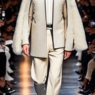 Male model showcasing creamy white suit with shimmering coat, buttoned-up shirt, black belt, and