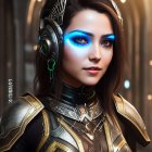 Futuristic cyberpunk woman with glowing blue eye enhancement in dimly lit corridor