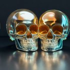 Transparent Glass Skulls with Golden Areas on Dark Reflective Background