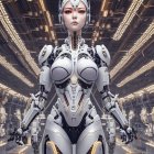 Realistic female humanoid robot among assembly of robots under bright ceiling lights