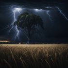 Solitary tree in wheat field under stormy sky with lightning