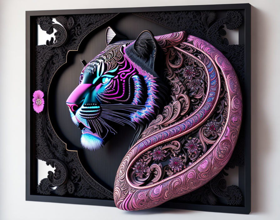 Colorful 3D Tiger Artwork with Neon Palette on Wall