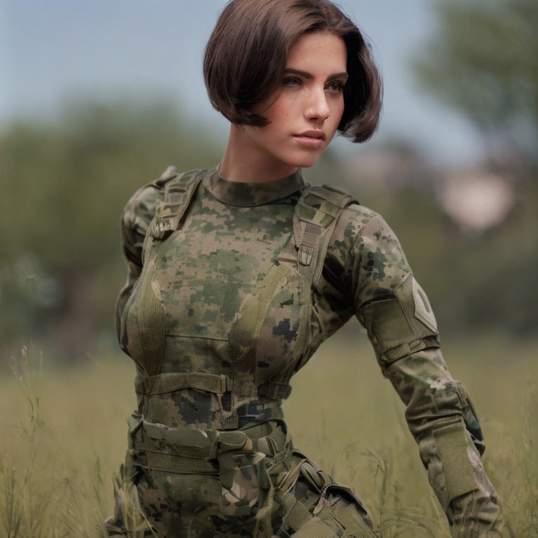 Short-haired woman in military uniform and tactical gear on grassy field