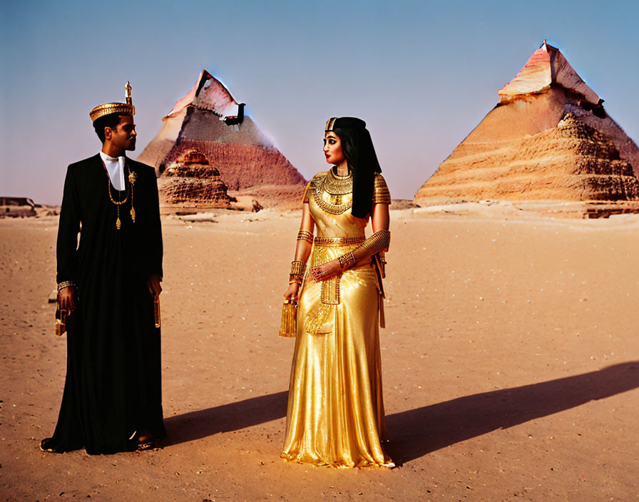 Ancient Egyptian couple in desert with pyramids