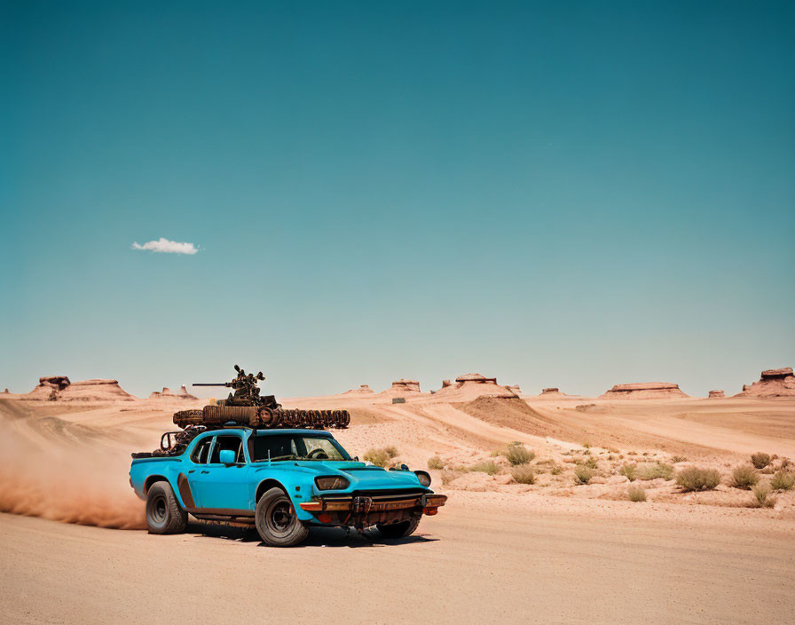 Vintage blue pickup truck driving through desert with sparse vegetation under clear sky