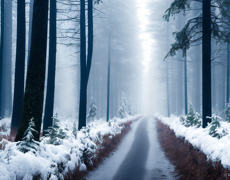 Snow-covered path through misty winter forest with tall, frosted trees