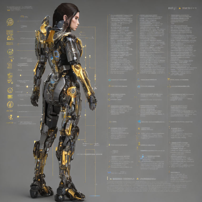 Profiled woman in futuristic exoskeleton suit against gray background.