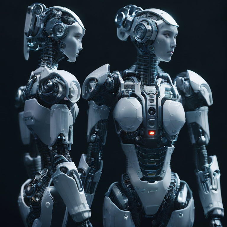 Detailed humanoid robots with red chest light on dark background