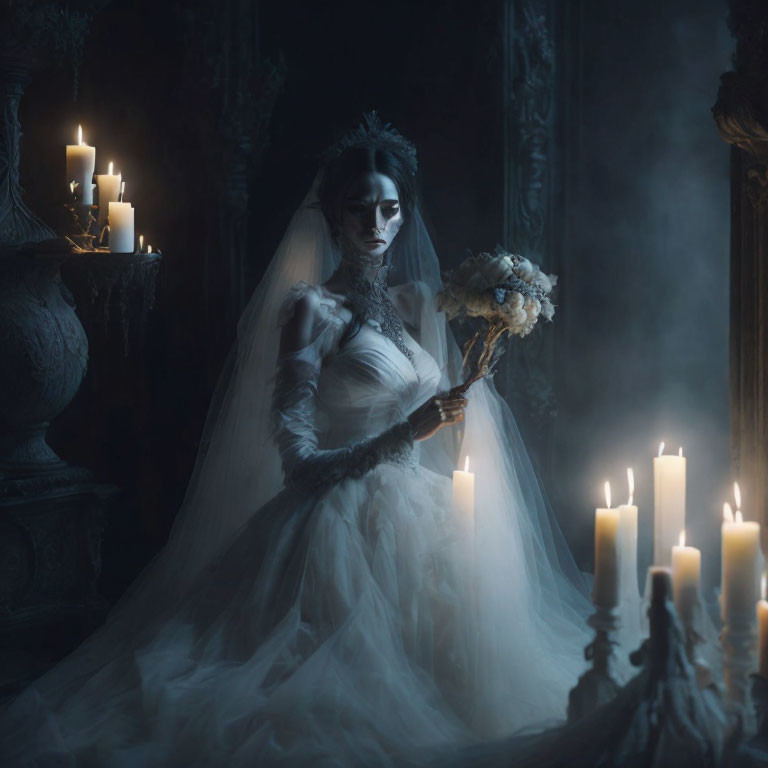 Dark Gothic Bride Portrait with Bouquet and Candles