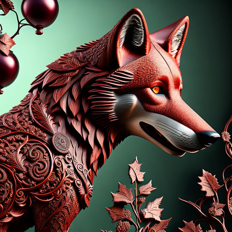 Detailed Stylized Red Fox Artwork on Green Background