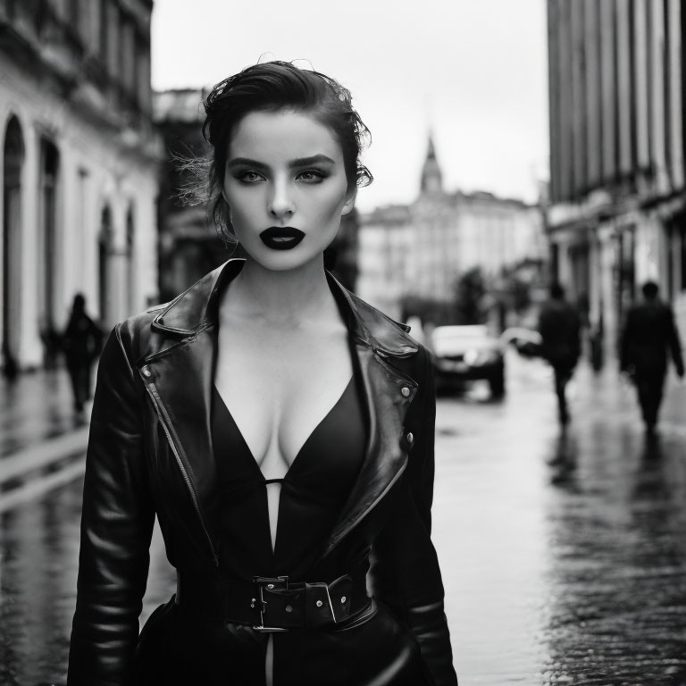 Monochrome image of woman with dark lipstick and leather jacket in city street