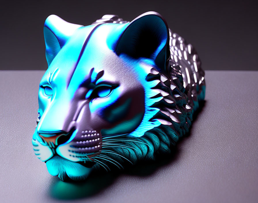 Intricate Metallic Tiger Head Sculpture in Vibrant Blue and Teal