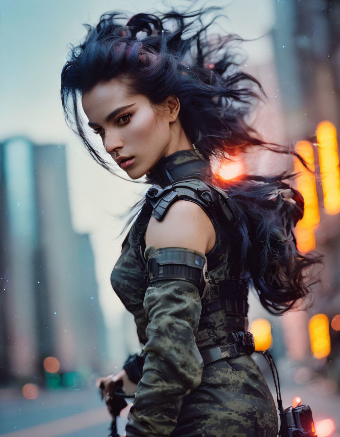 Dark-haired woman in tactical attire gazes with city lights backdrop