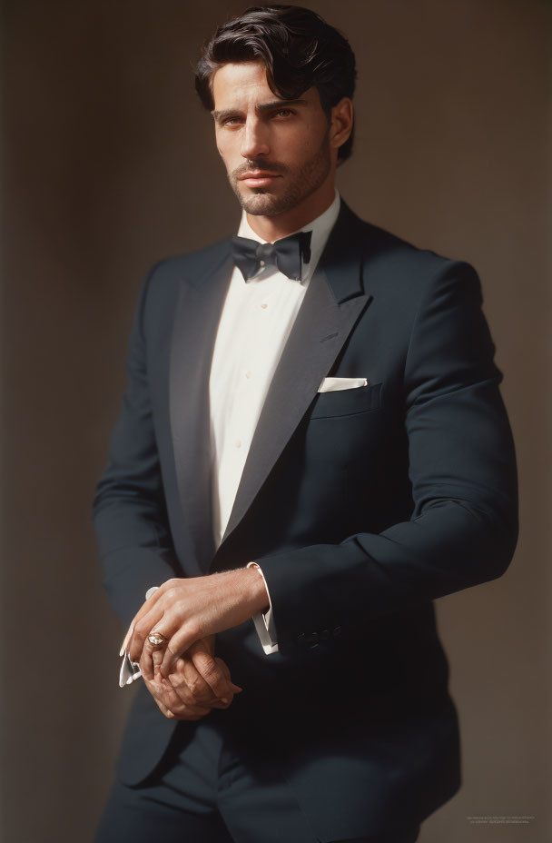 Elegant man in black tuxedo with bow tie and pocket square poses confidently