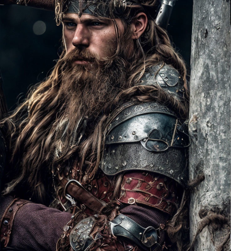 Medieval armored man with braided beard leaning against wooden structure