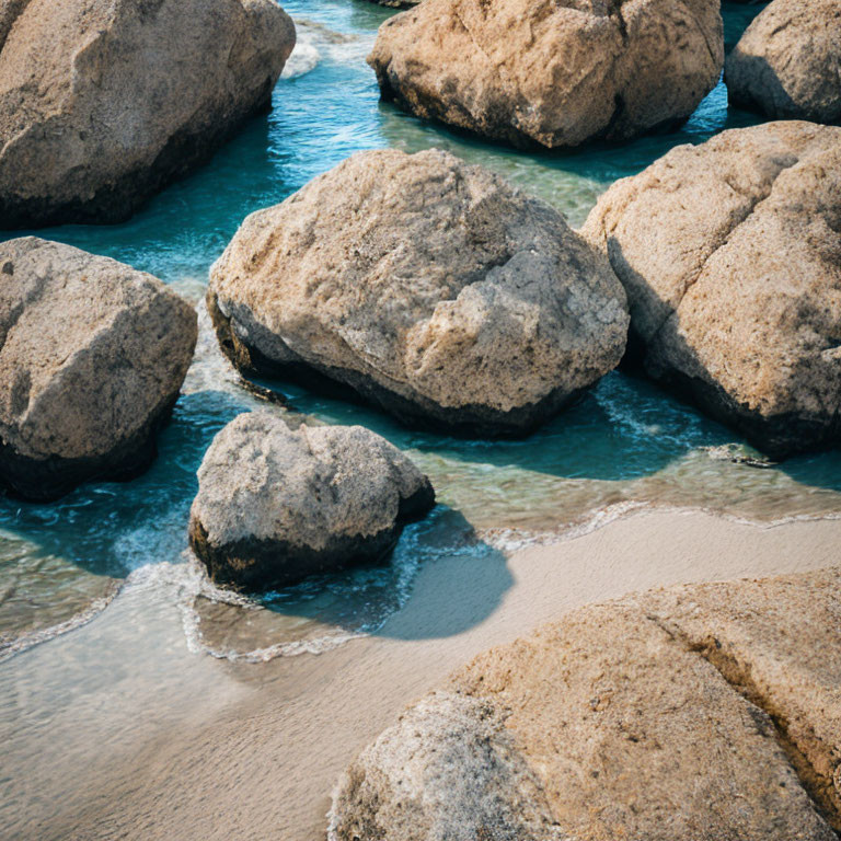 Turquoise water flowing around boulders on sandy beach