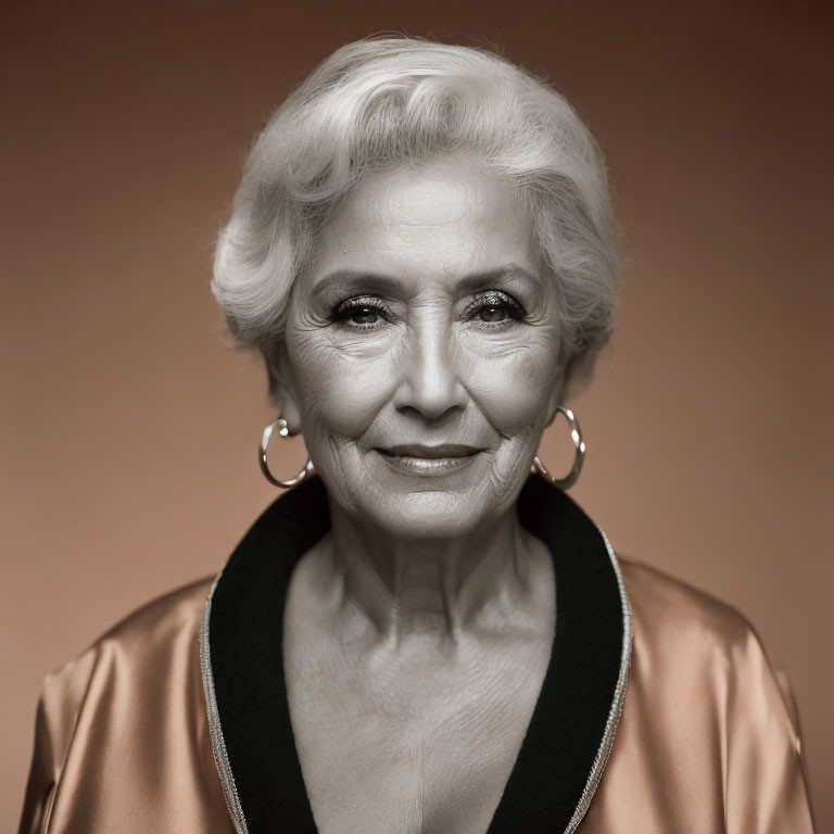 Elderly woman with white hair and hoop earrings in satin blouse on peach background