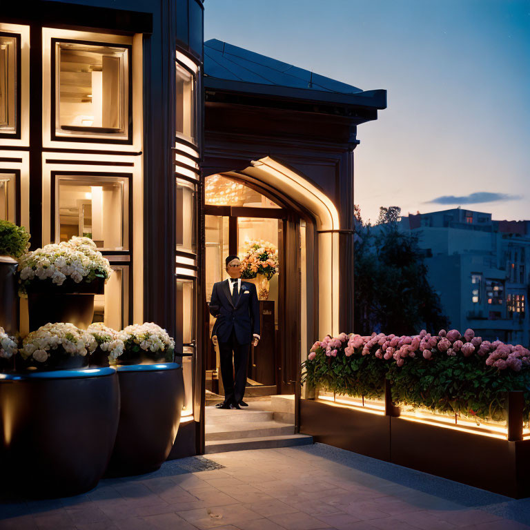 Dusk Entryway with Wall Patterns, Flowers, and Doorman