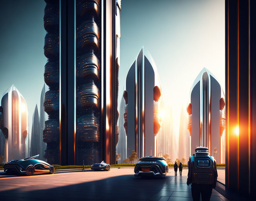 Futuristic cityscape at sunset with skyscrapers and advanced vehicles.