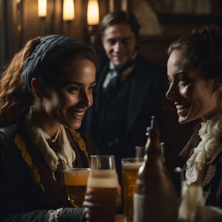 Two women toasting with beers in dimly lit vintage setting