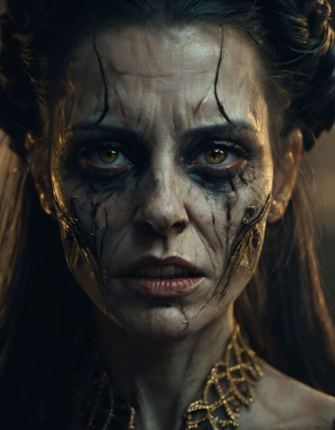 Dark and dramatic makeup resembling a mythical creature with blackened eyes and golden accessories