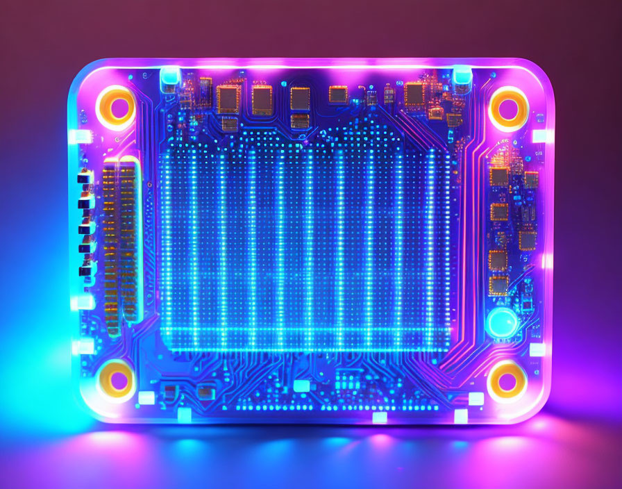 Neon Blue and Pink Lights on Glowing Circuit Board