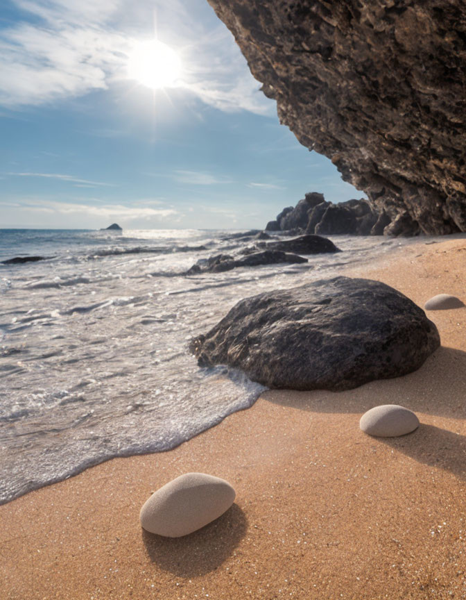 Scenic beach with smooth pebbles, waves, and rocky cliffs under sunlit sky