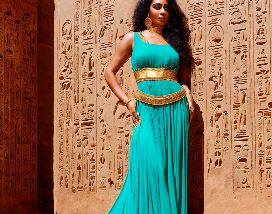 Woman in Turquoise Blue Dress with Golden Belt Poses Against Egyptian Hieroglyphic Carvings