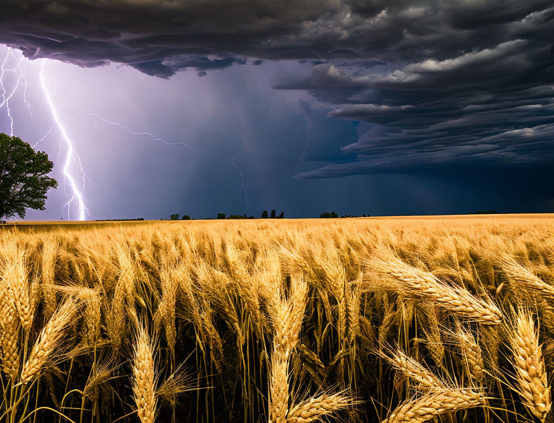 Dramatic lightning storm over golden wheat field