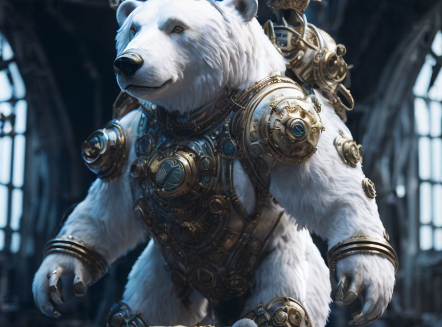 Intricate Golden Armored Polar Bear in Dimly Lit Gothic Cathedral