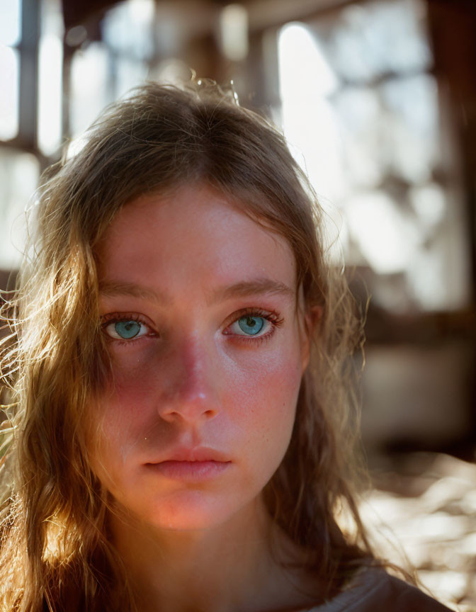 Young woman with blue eyes and blonde hair in sunlit room.