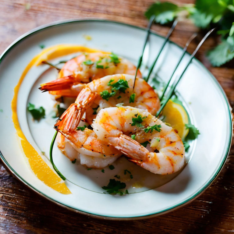 Grilled shrimp with herbs, lemon, and sauce on wooden table