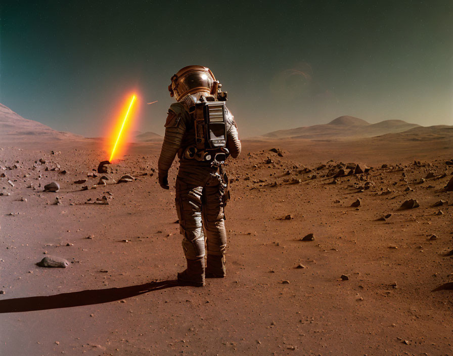 Astronaut in spacesuit on Mars-like rocky landscape with hills and lens flare.