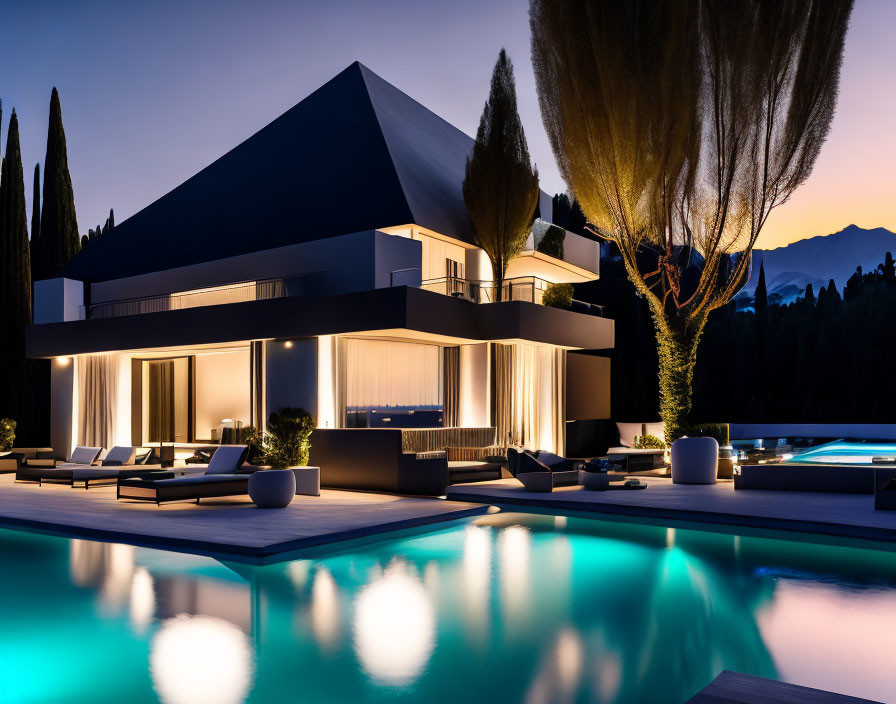 Contemporary House with Illuminated Interiors and Poolside Loungers