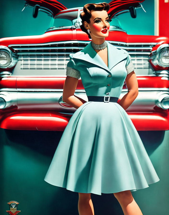 Vintage-inspired illustration: Woman in 1950s attire with classic car.