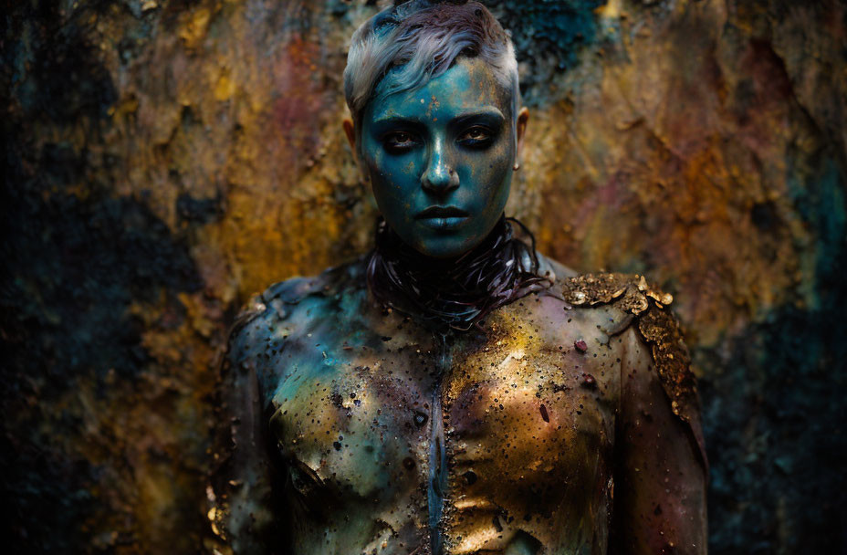 Golden and blue body paint on person against mottled background