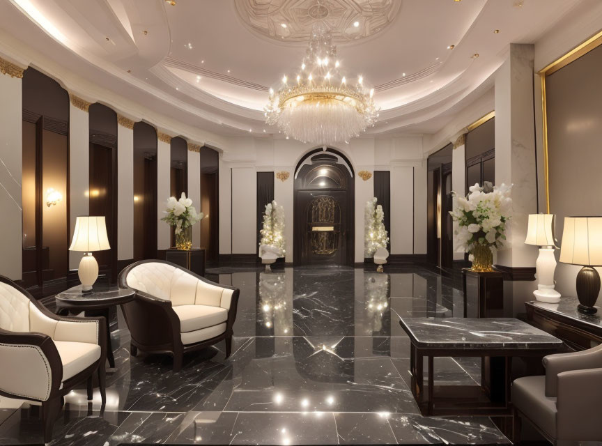 Luxurious Hotel Lobby with Marble Floors and Grand Chandelier