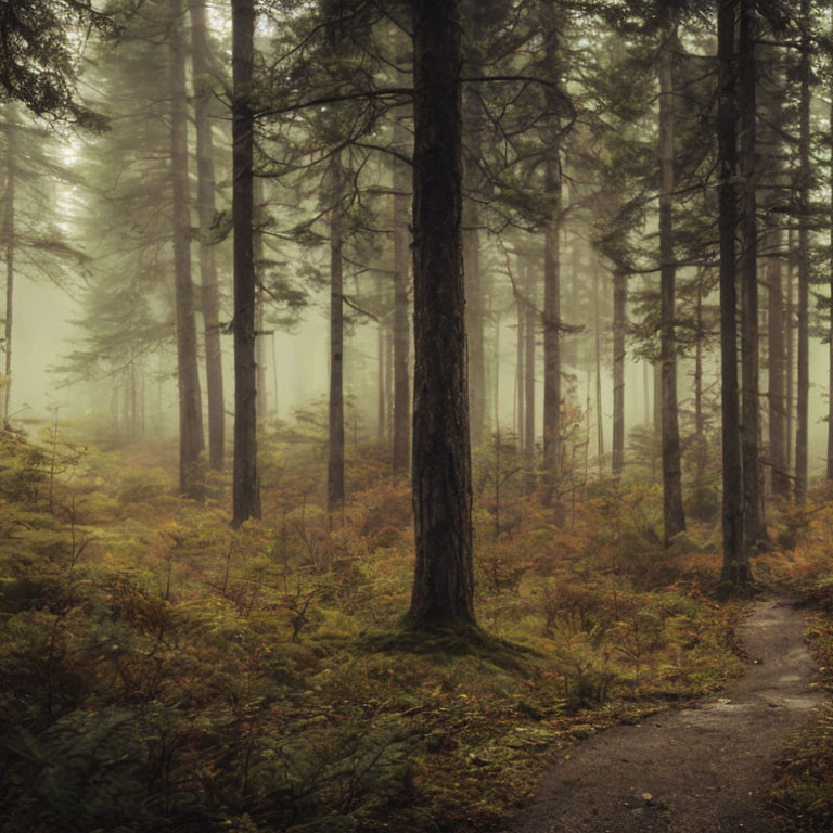 Serene misty forest with winding path and tall trees