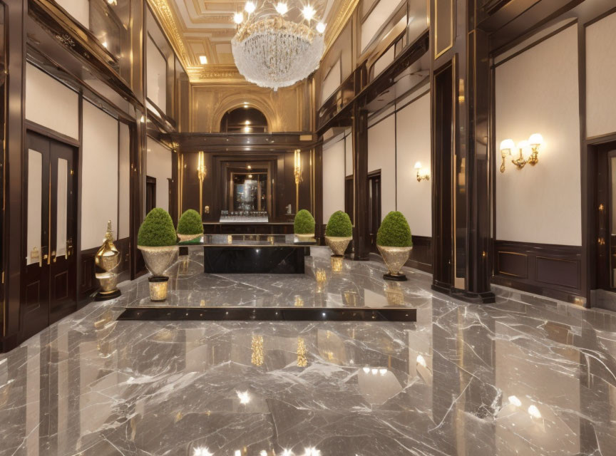 Luxurious Interior Hallway with Marble Floors and Grand Chandelier