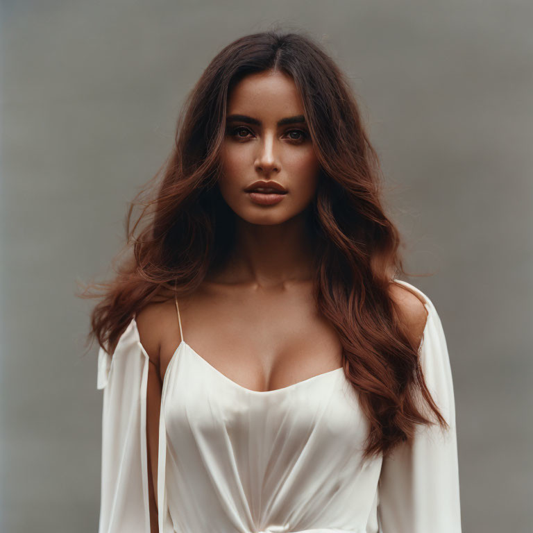 Long-haired woman in white off-the-shoulder top on neutral background