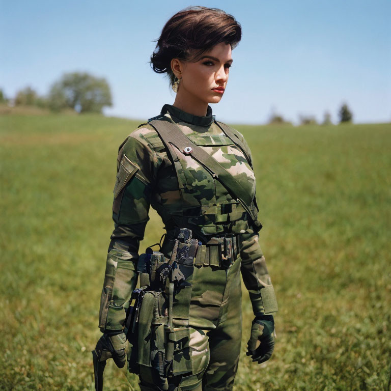 Female soldier in camouflage uniform on grassy field with gear