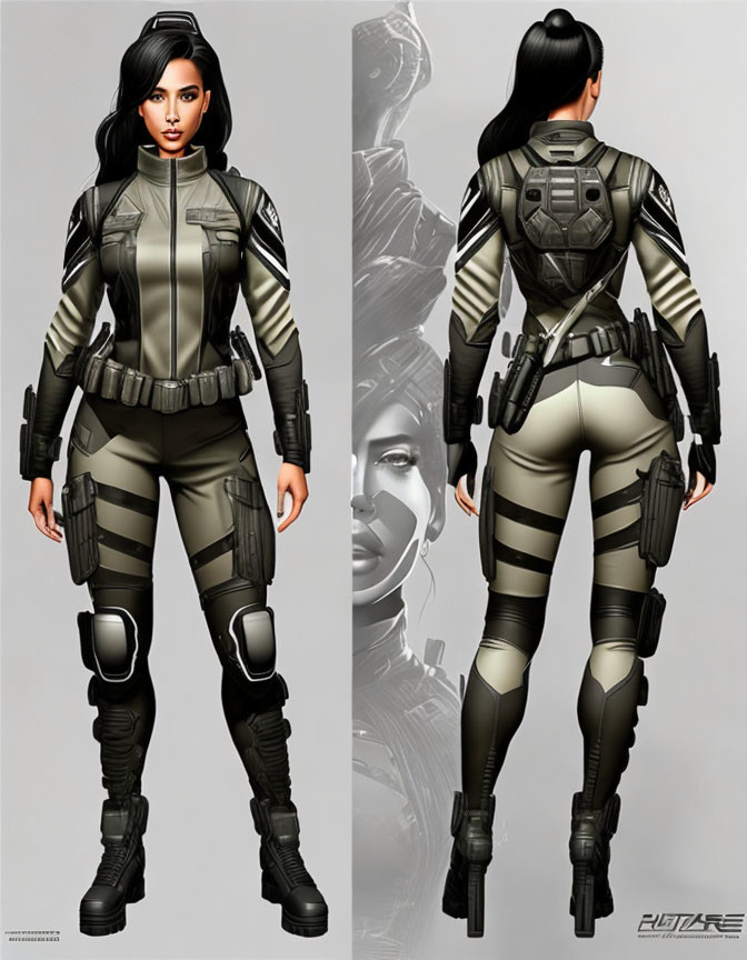 Detailed Futuristic Military-Style Outfit with Armor and Utility Belt