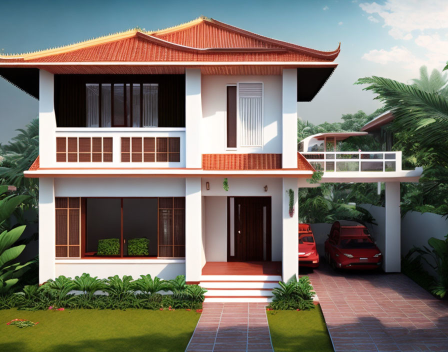 Two-story house with red tiled roof, white walls, balcony, carport, red car, and