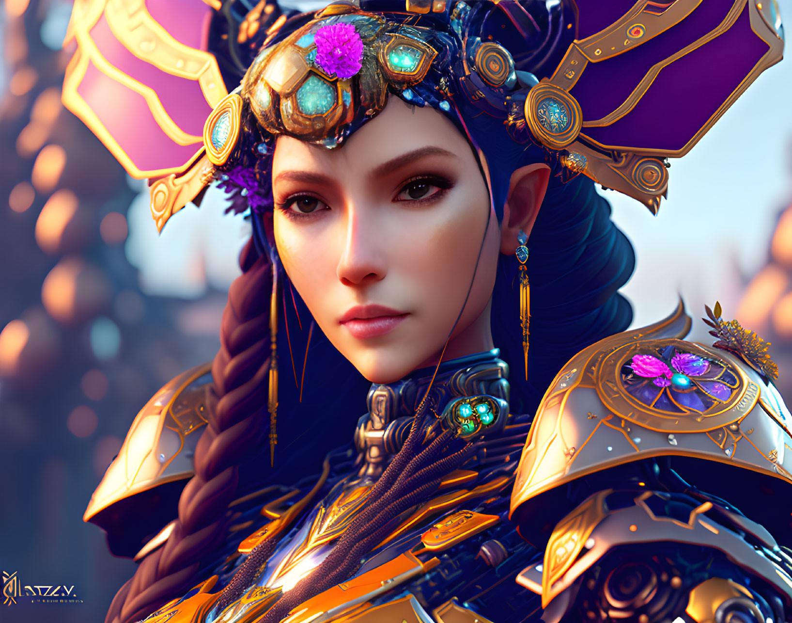 Digital artwork of woman in ornate golden armor with purple accents and gemstones, detailed headdress and