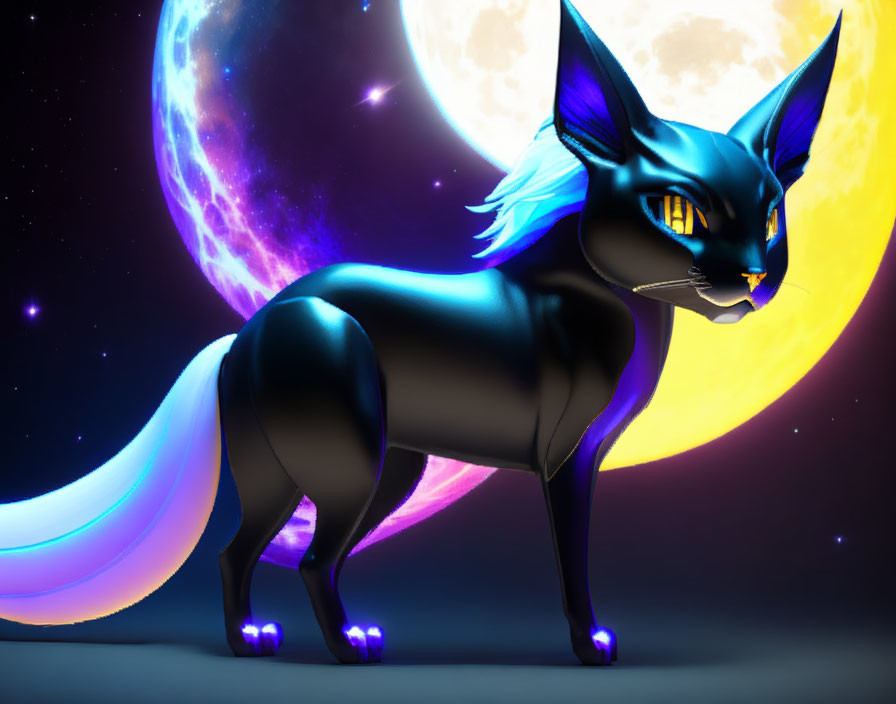 Stylized black cat with blue highlights in cosmic setting