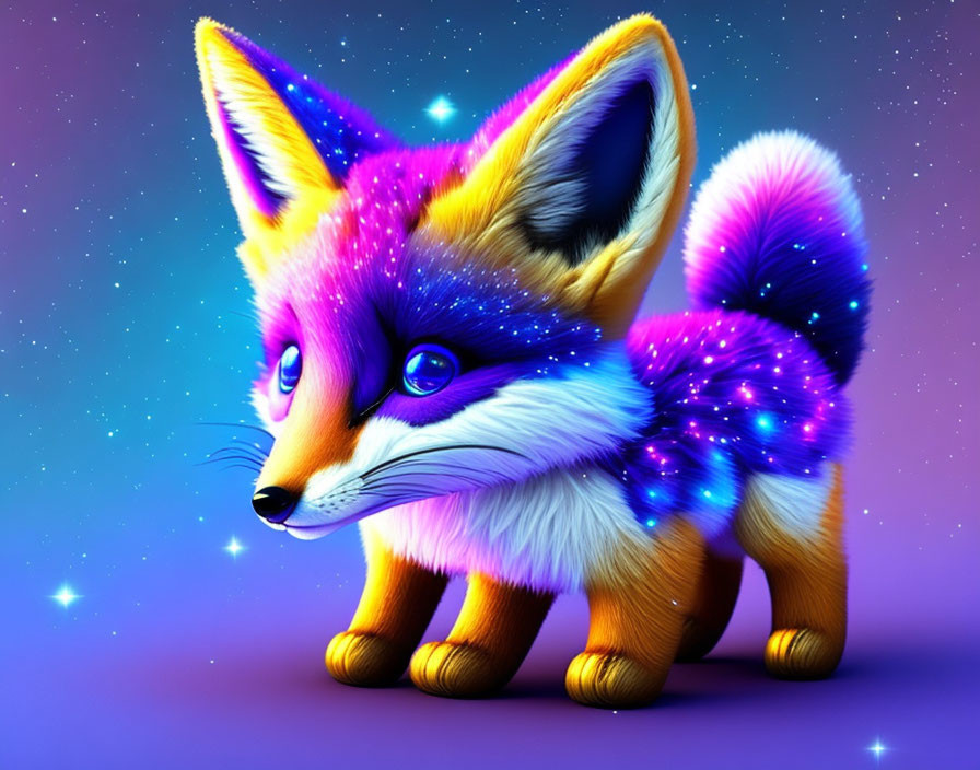 Colorful Fox Illustration with Neon Palette and Galaxy Fur on Purple Background